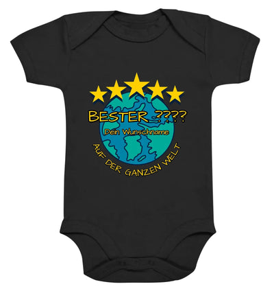 Schwarzer babystrampler mit kurzarm und buntem erdglobusmotiv umgeben von fünf gelben sternen und deutschem text