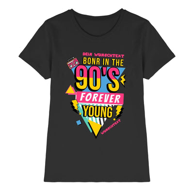 Schwarzes kurzarmshirt aus baumwolle mit buntem 90er jahre boombox grafik und knalligen gelb rosa formen