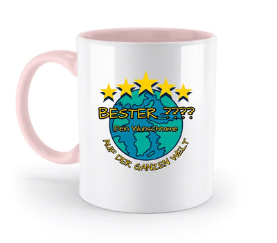Weiße keramikmug mit pinkem griff und innen, bunter globe mit gelben sternen und deutschem text, personalisiert best-designer