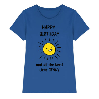 Blaues kurzarmshirt mit fröhlicher sonne und schrift happy birthday und all best liebe jenny geburtstag motiv 1