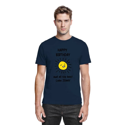 Marine blaue baumwoll t shirt mit gelber lachender sonne und happy birthday text für geburtstag aus der statement collection