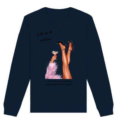 Navyblaues damen sweatshirt mit langarm und party-beine grafik cocktail pinker federboa und life is so schön text