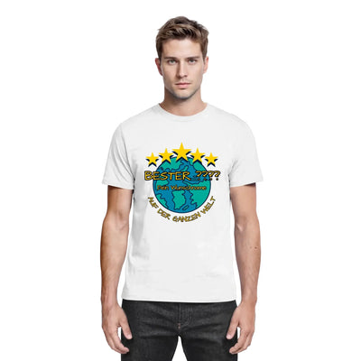 Weißes baumwoll t-shirt mit buntem globus, fünf gelben sternen und personalisierbarem bester tekst in schwarz