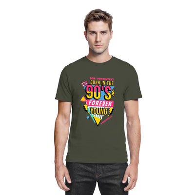 Olivegrünes baumwollshirt mit buntem 90er jahre boombox graphic in gelb, pink und türkis aus der statement collection