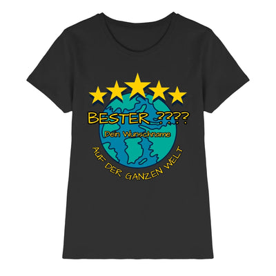 Schwarzes damen t-shirt mit buntem erdmotiv und fünf gelben sternen sowie deutschem text aus der statement collection