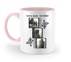 Weiße keramiktasse mit pinkem griff und innen, 3er collage mit schwarz-weiß bildern in filmstreifen und herzmotiven