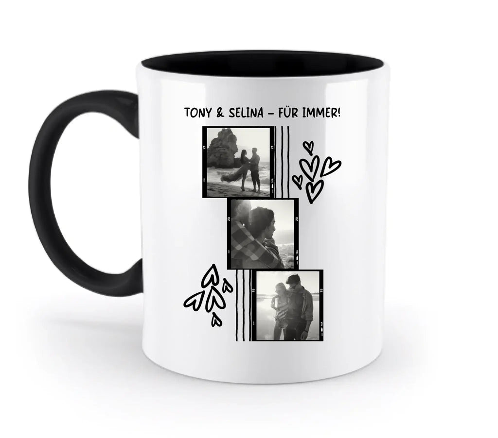 Weiße keramiktasse mit schwarzem griff und innenfarbe, 3er collage mit schwarz-weiß fotos in filmstreifen und herzen
