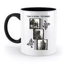 Weiße keramiktasse mit schwarzem griff und innenfarbe, 3er collage mit schwarz-weiß fotos in filmstreifen und herzen