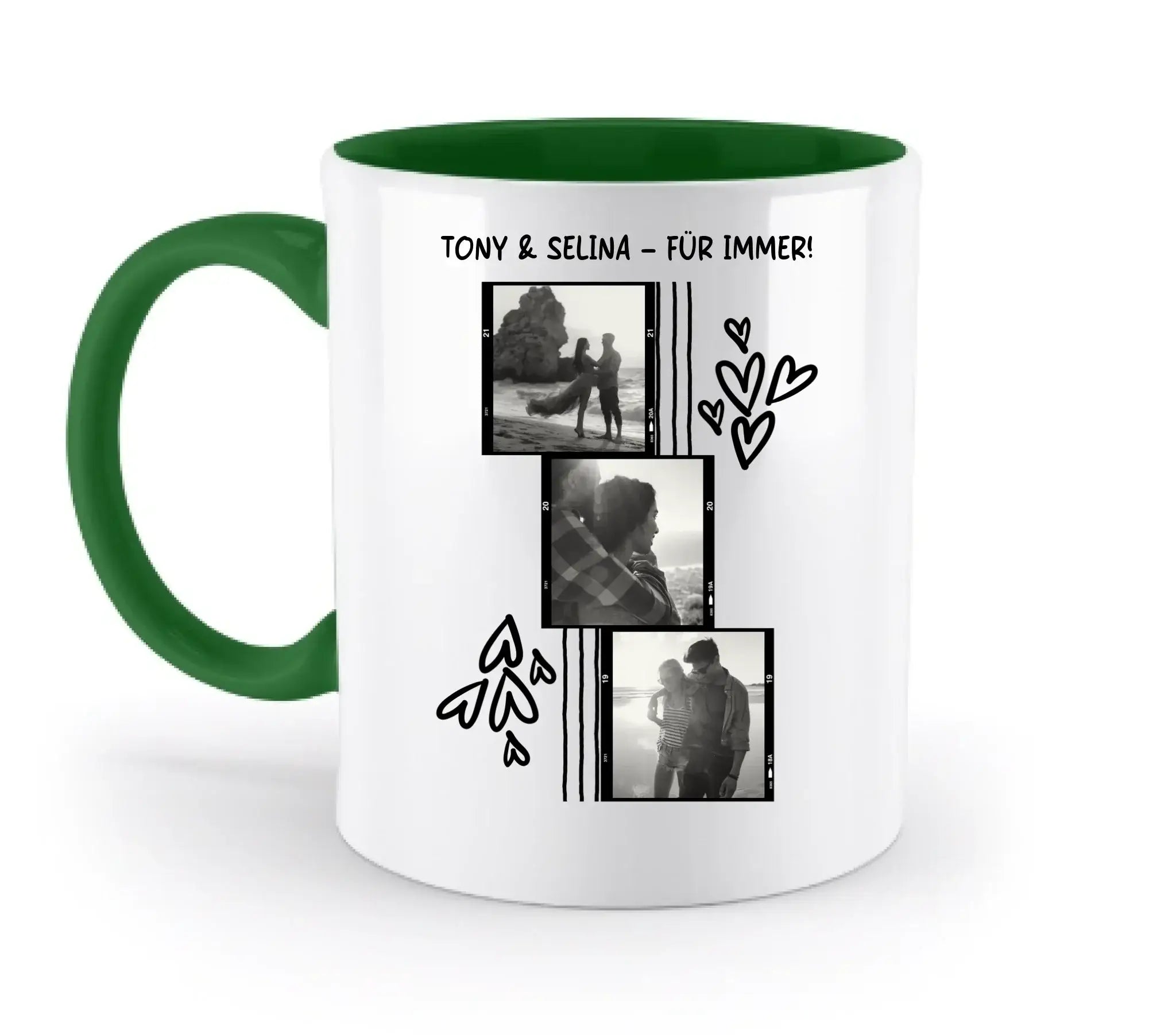 3er Fotocollage - mit Wunschtext (personalisierbare Fotomotive) - Zweifarbige Tasse / Irish-Green / 330ml