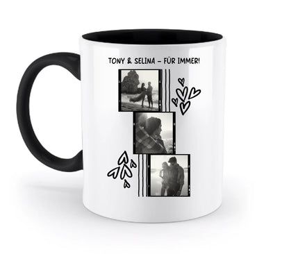 3er Fotocollage - mit Wunschtext (personalisierbare Fotomotive) - Zweifarbige Tasse / Black / 330ml - personalisierbare