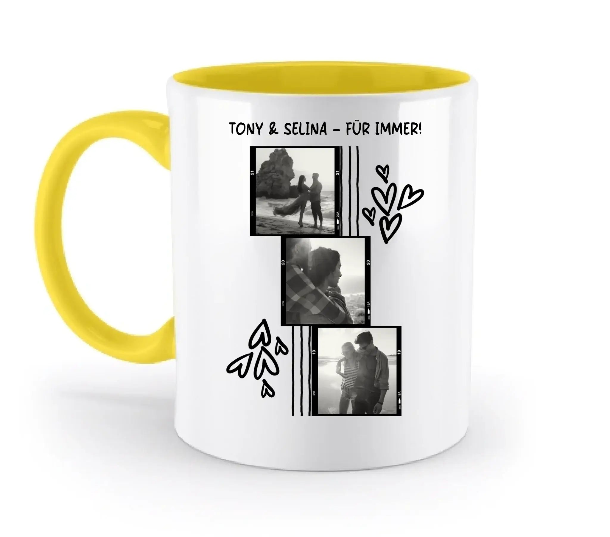 3er Fotocollage - mit Wunschtext (personalisierbare Fotomotive) - Zweifarbige Tasse / Yellow / 330ml