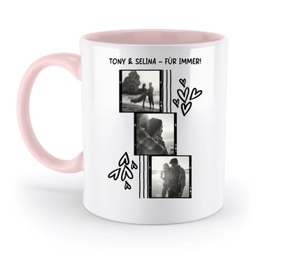 3er Fotocollage - mit Wunschtext (personalisierbare Fotomotive) - Zweifarbige Tasse / Powder-Pink / 330ml