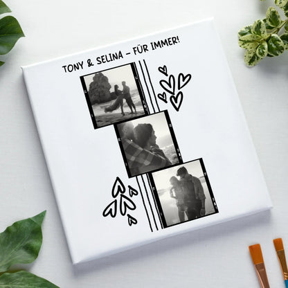 3er Fotocollage - mit Wunschtext (personalisierbare Fotomotive) - Leinwand auf Holzkeilrahmen / Standard / 20cm-x-20xm