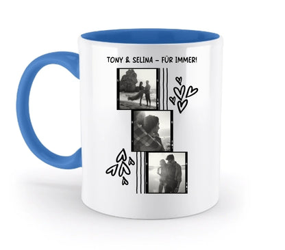 3er Fotocollage - mit Wunschtext (personalisierbare Fotomotive) - Zweifarbige Tasse / Blue / 330ml - personalisierbare