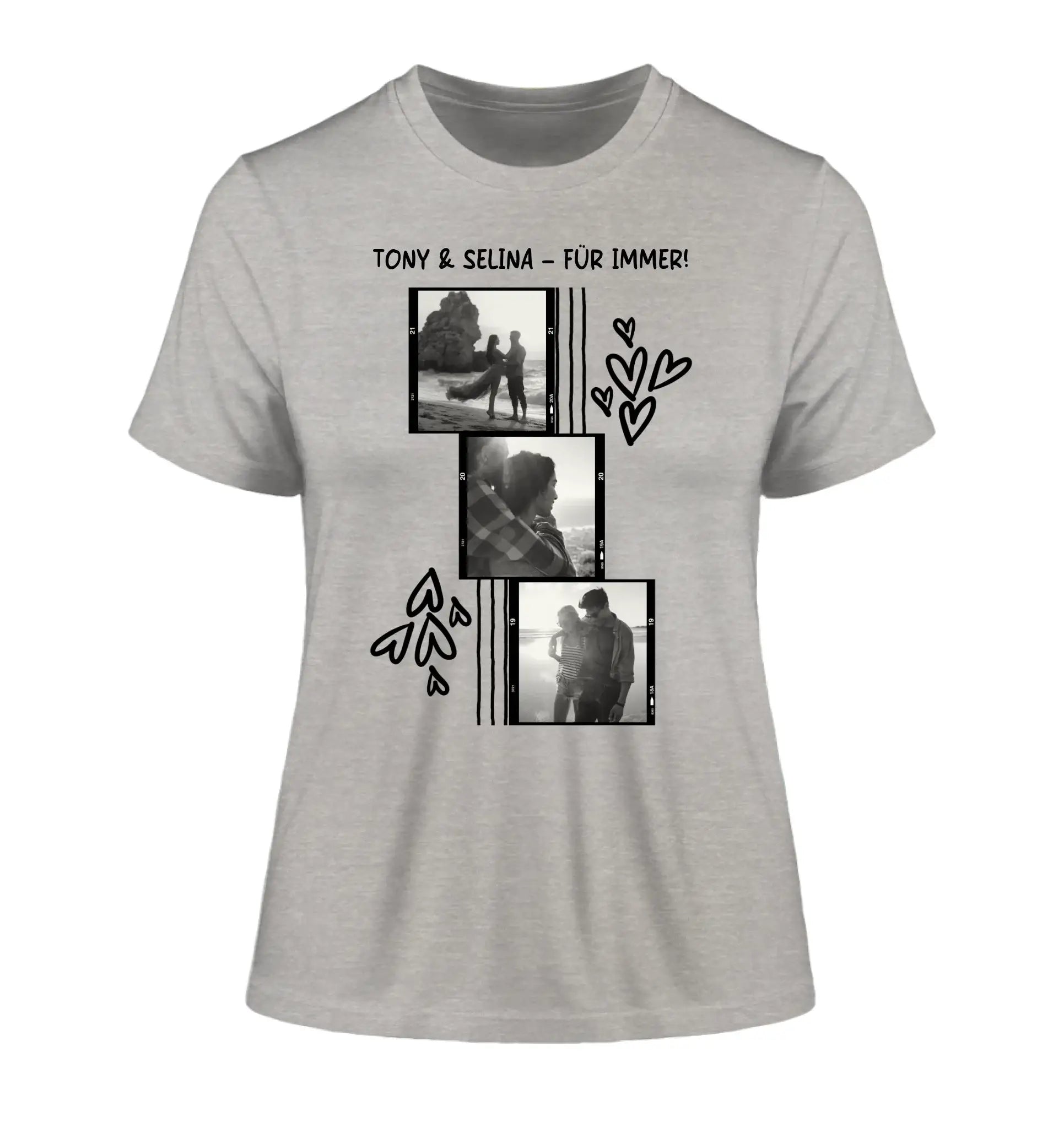 3er Fotocollage - mit Wunschtext (personalisierbare Fotomotive) - Damen T-Shirt (Fitted) • Bio / Heather Grey / 2XL