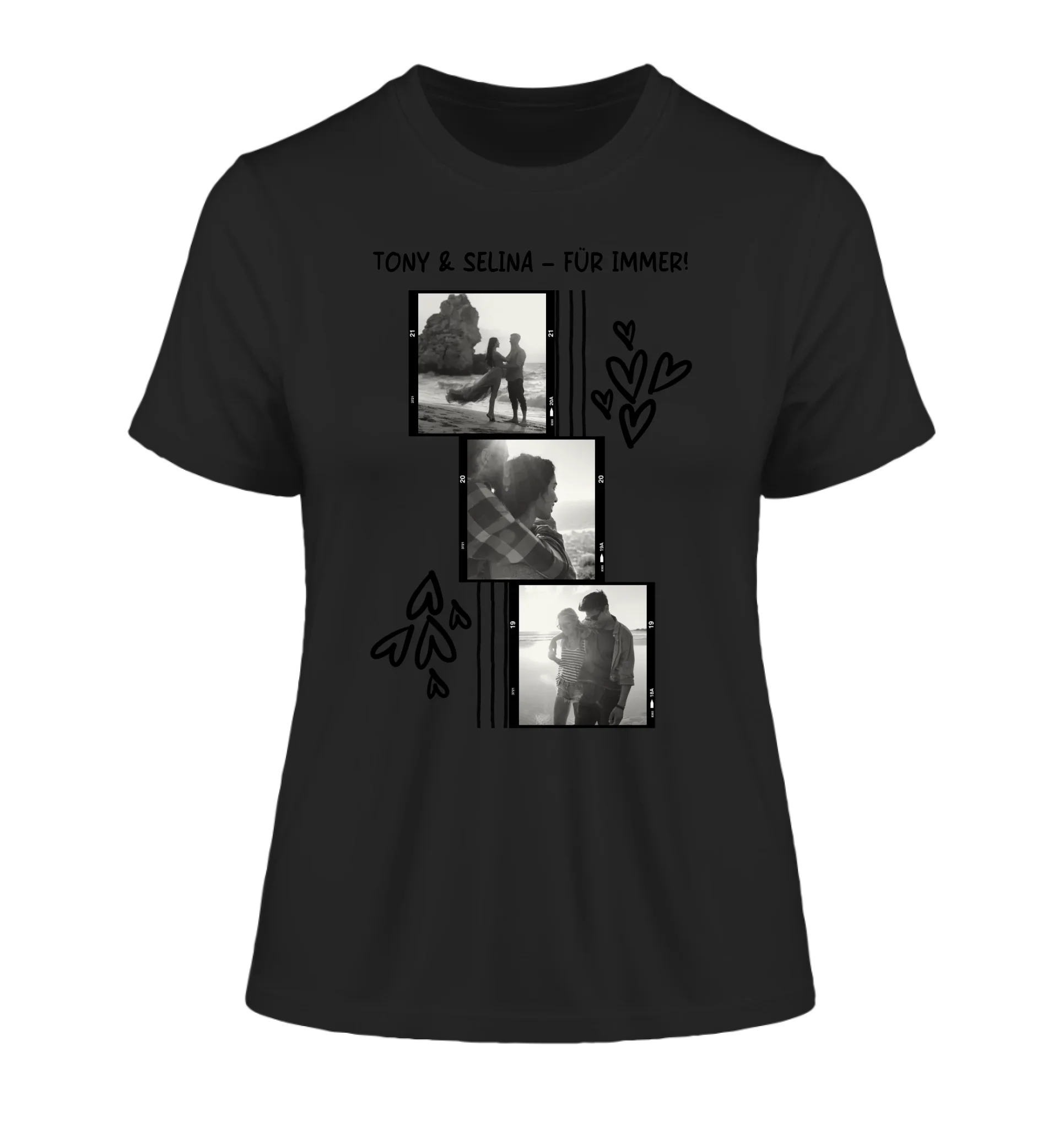 3er Fotocollage - mit Wunschtext (personalisierbare Fotomotive) - Damen T-Shirt (Fitted) • Bio / Black / 2XL