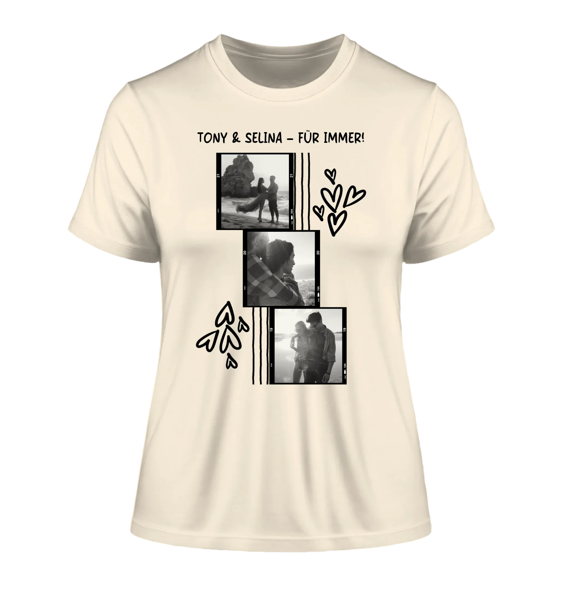 3er Fotocollage - mit Wunschtext (personalisierbare Fotomotive) - Damen T-Shirt (Fitted) • Bio / Natural / 2XL