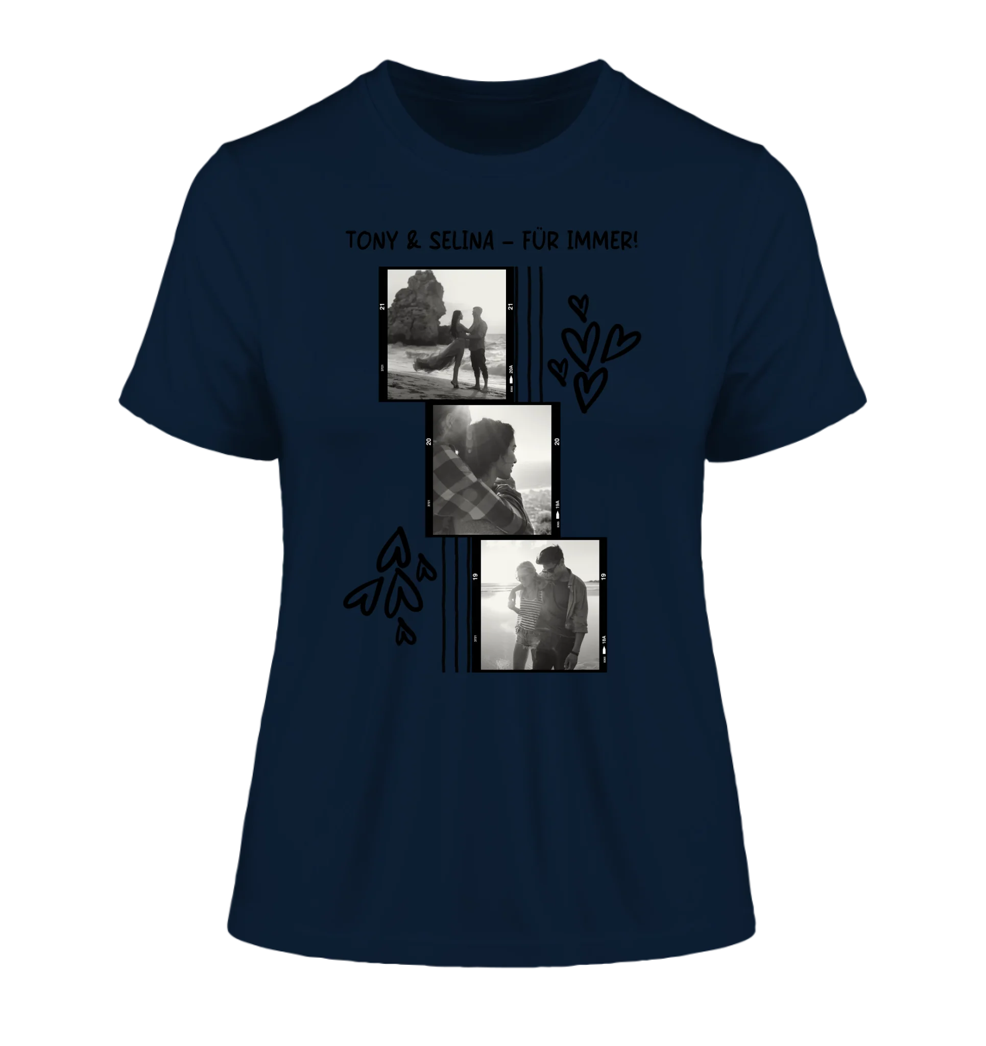 3er Fotocollage - mit Wunschtext (personalisierbare Fotomotive) - Damen T-Shirt (Fitted) • Bio / French Navy / 2XL