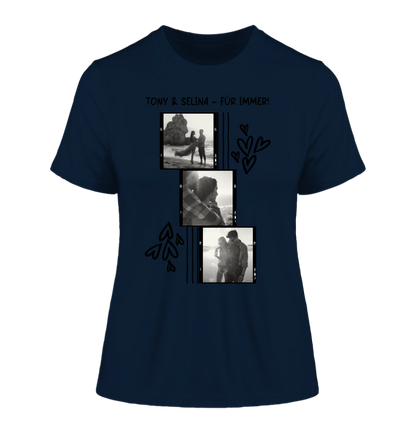 3er Fotocollage - mit Wunschtext (personalisierbare Fotomotive) - Damen T-Shirt (Fitted) • Bio / French Navy / 2XL