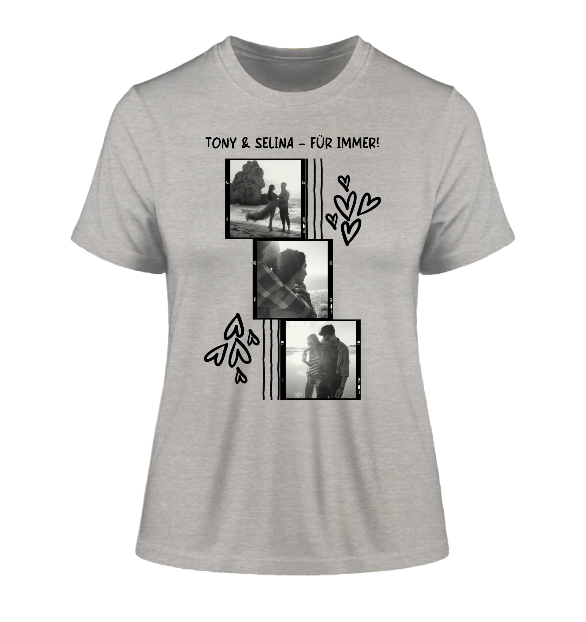 3er Fotocollage - mit Wunschtext (personalisierbare Fotomotive) - Damen T-Shirt (Fitted) • Bio / Heather Grey / 2XL