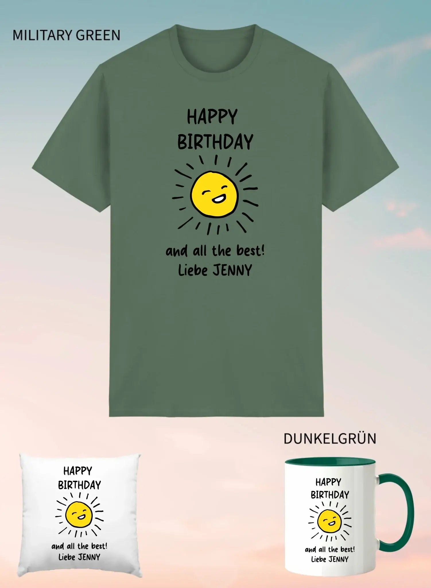 Militärgrünes unisex tshirt mit kurzem arm und fröhlicher gelber sonnengrafik happy birthday und liebe jenny text