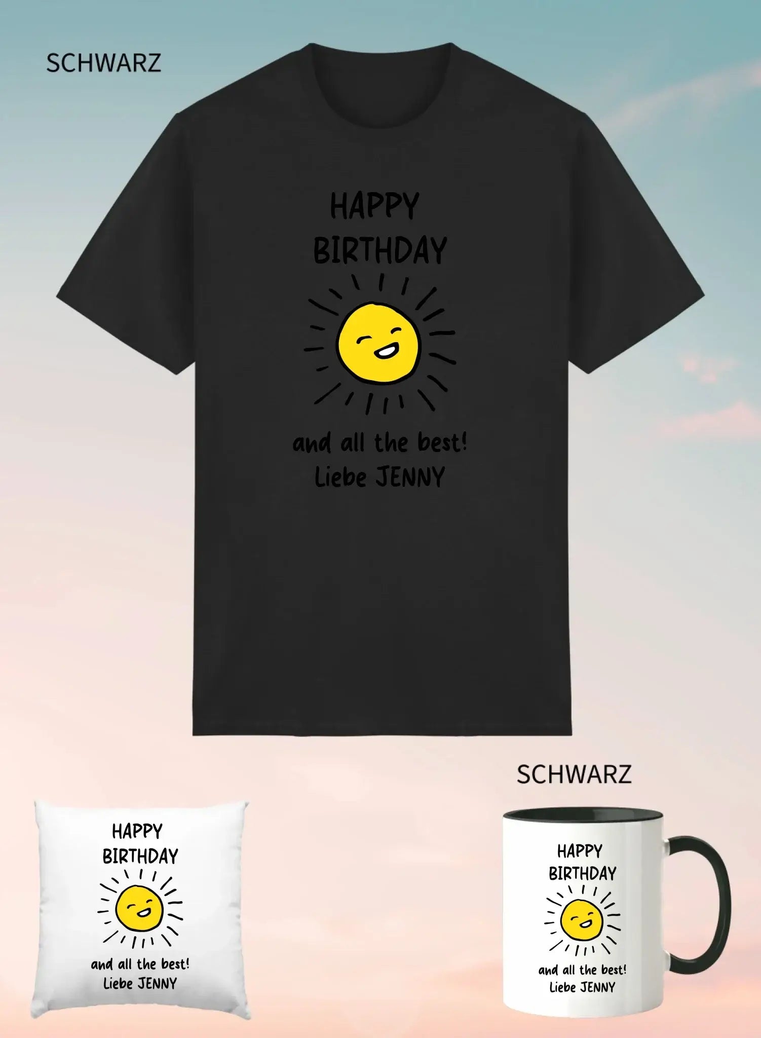 Schwarzes kurzarm unisex-tshirt mit fröhlicher gelber sonne und Text happy birthday und all best liebe jenny aus 3er geschenkset