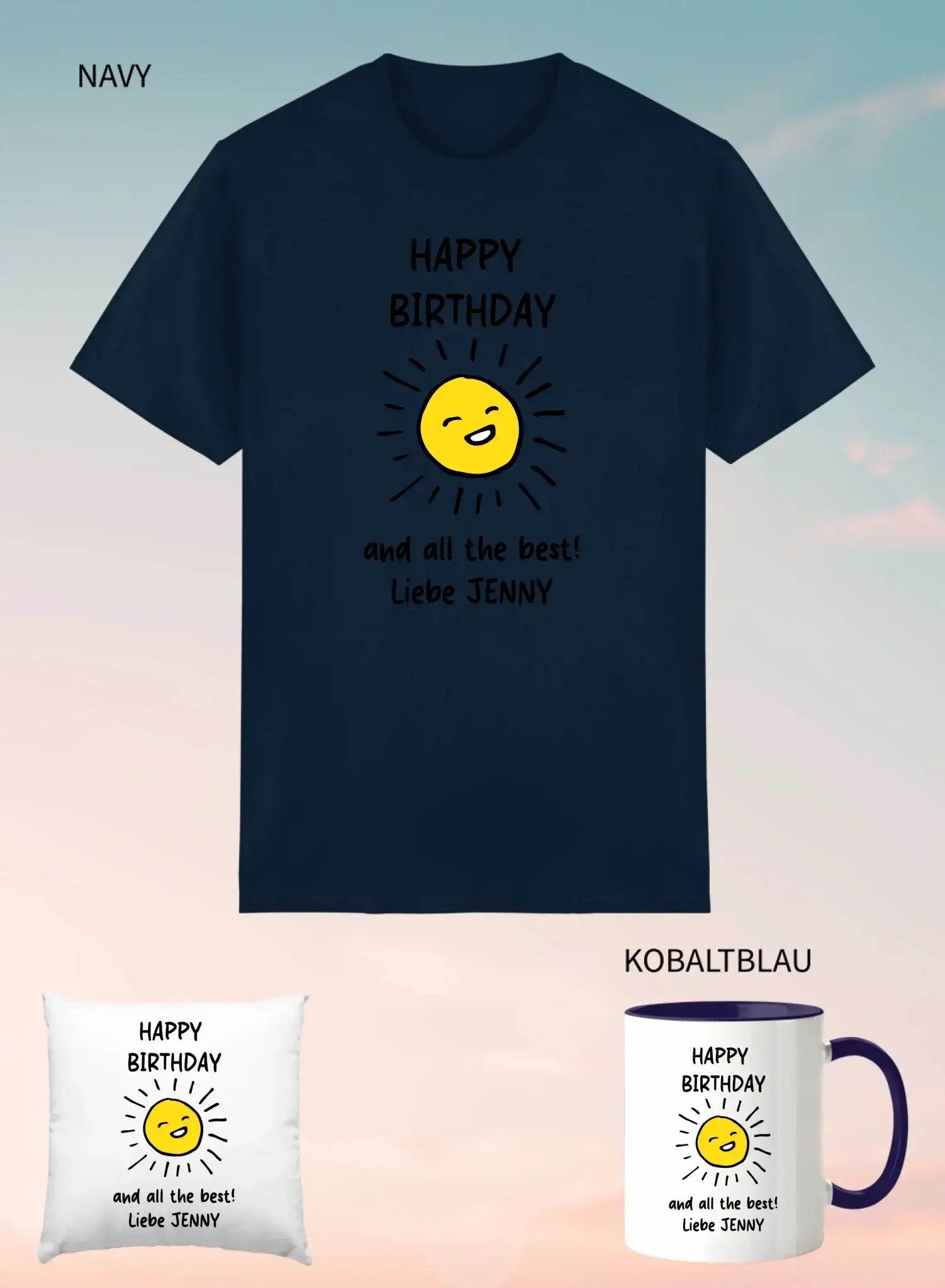 Marine blaues unisex t-shirt mit kurzem arm und gelber sonne happy birthday und all das beste liebe jenny print