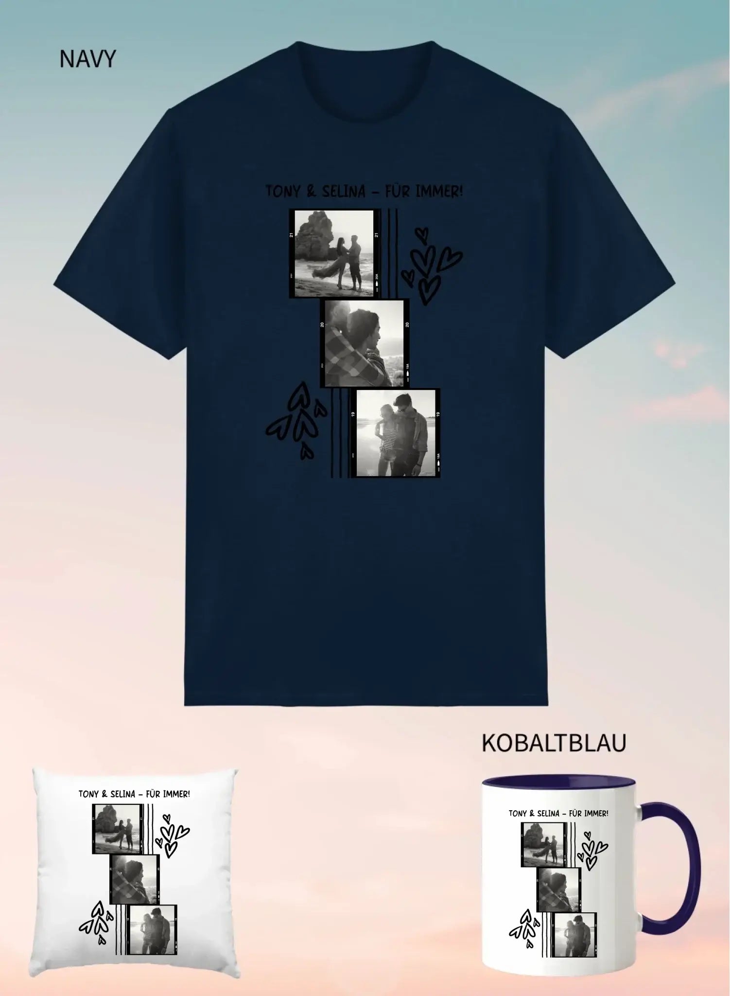 Marine blaues unisex kurzarmshirt mit schwarz-weiß fotocollage und text tony & selina - für immer personalisierbar