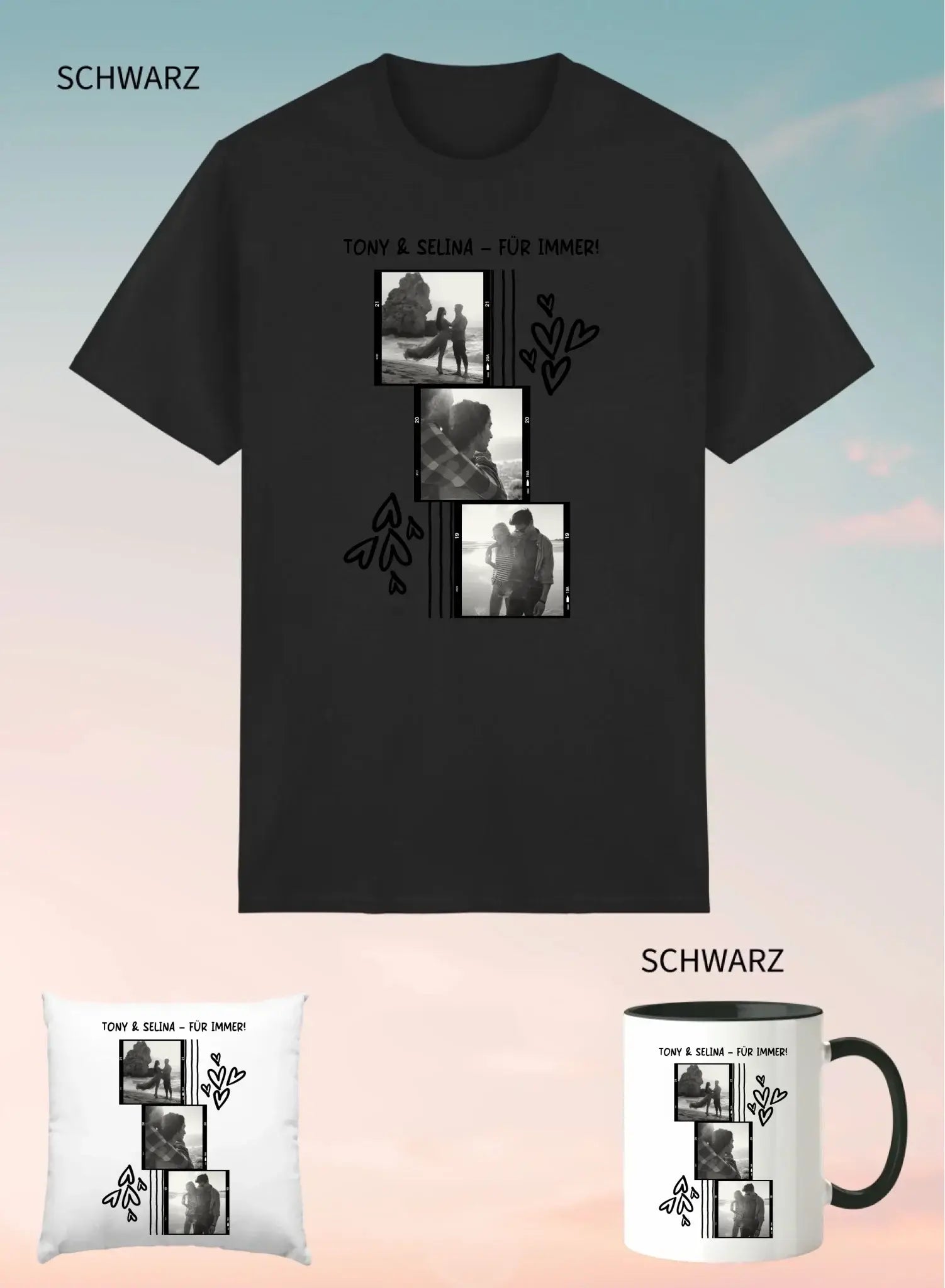 Schwarzes unisex kurzarmshirt mit persönlichem fotocollage-design und text tony & selina für immer im 3er geschenkset