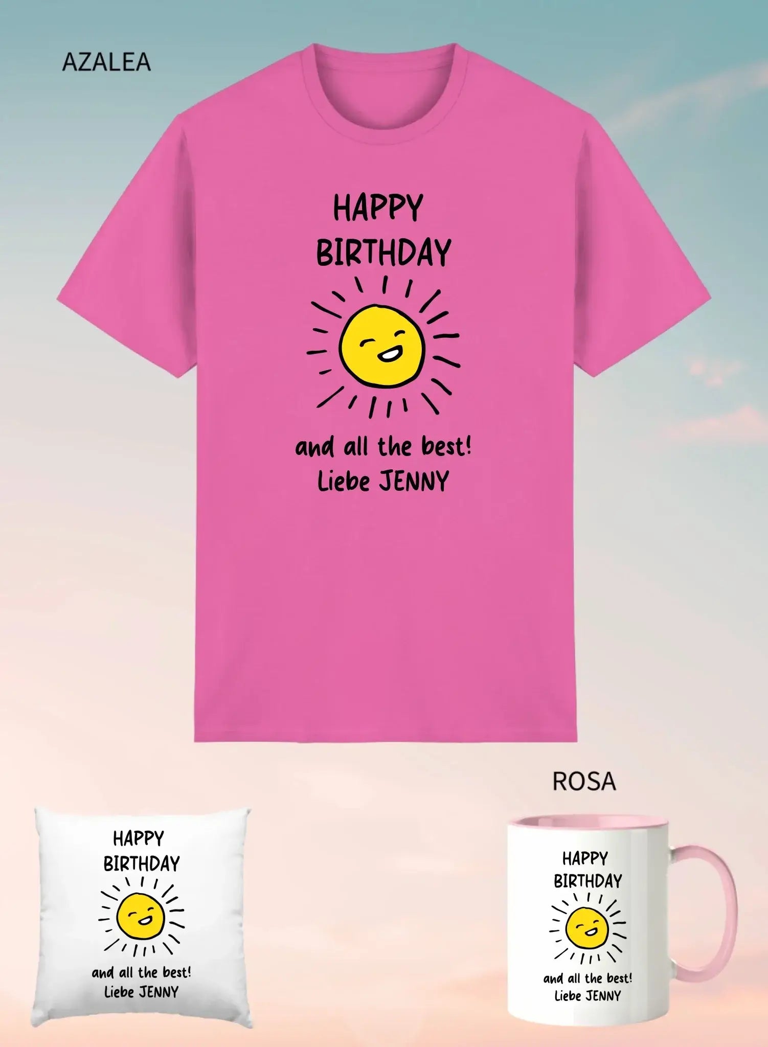 Leuchtendes pinkes unisex kurzarmshirt mit fröhlicher gelber sonnengrafik und Text happy birthday und all best liebe jenny