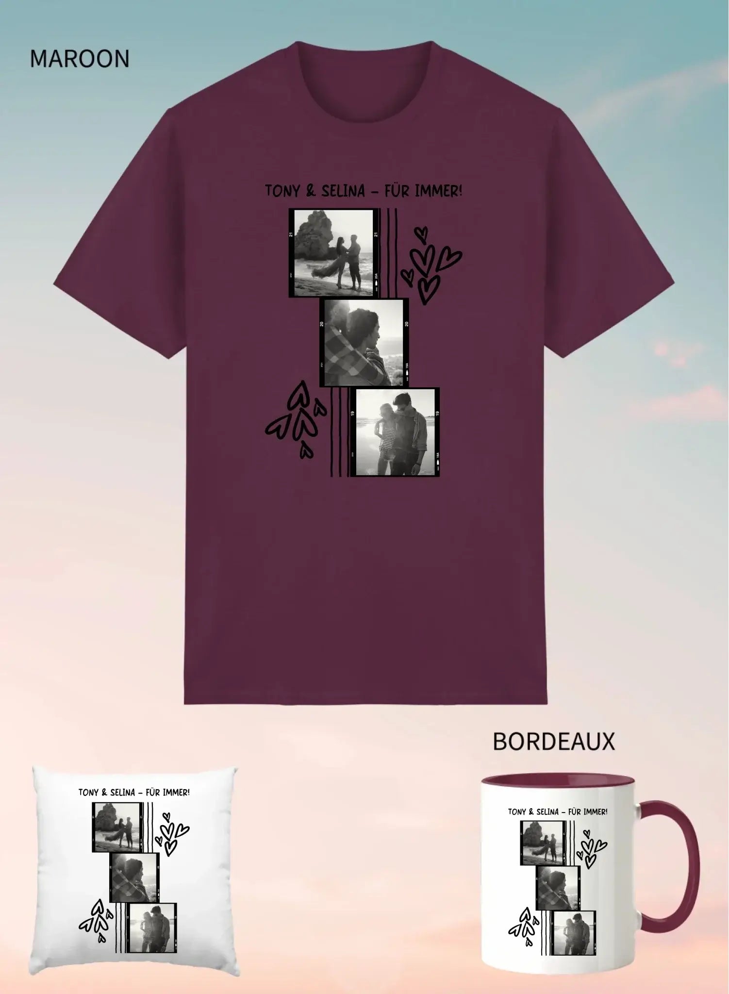Maroon unisex kurzarmshirt mit schwarzweiss fotocollage von zwei personen herzchen und text tony & selina für immer