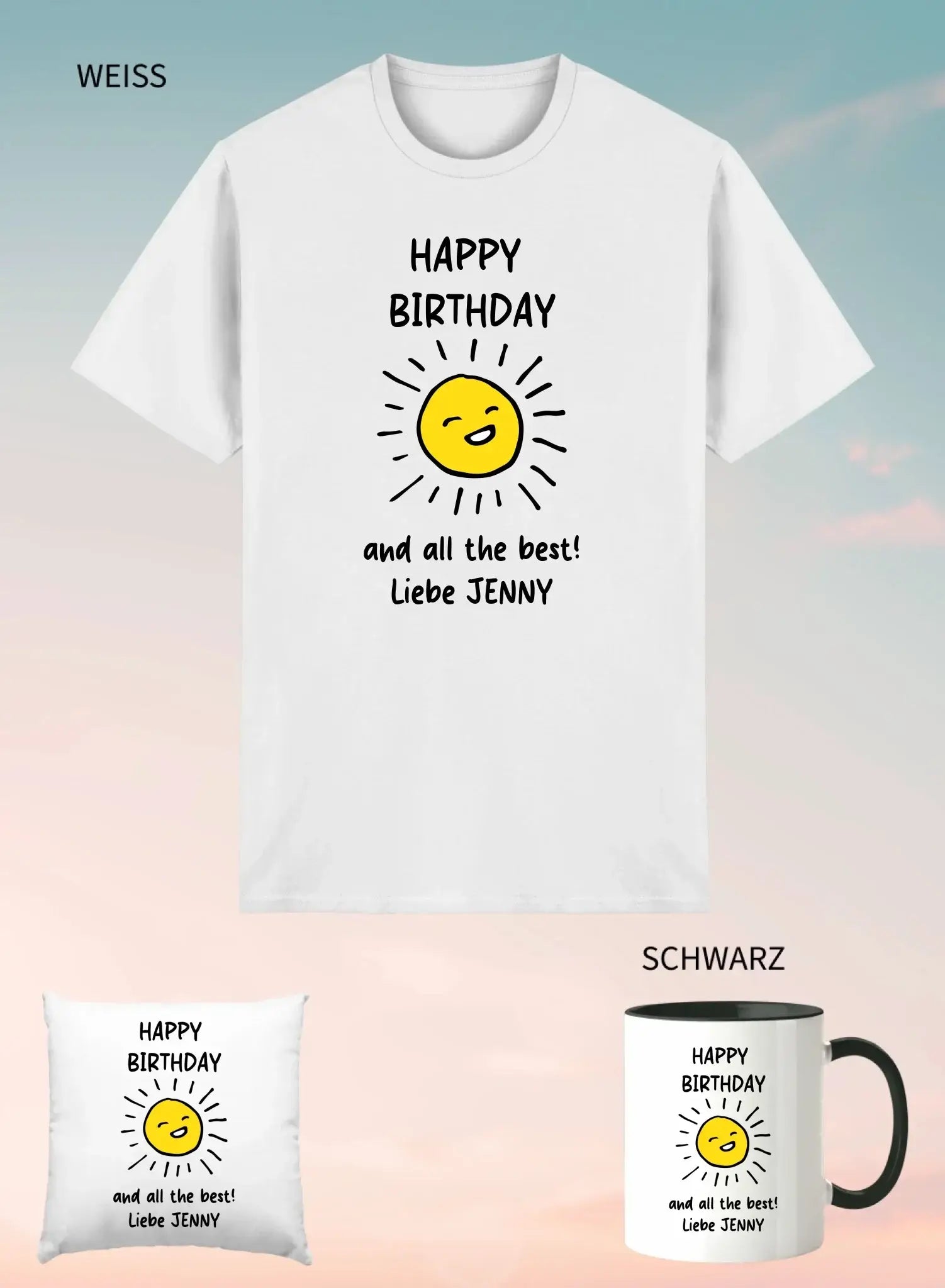 Weißes cotton unisex t-shirt mit fröhlicher gelber sonnengrafik und Text happy birthday und all best liebe jenny