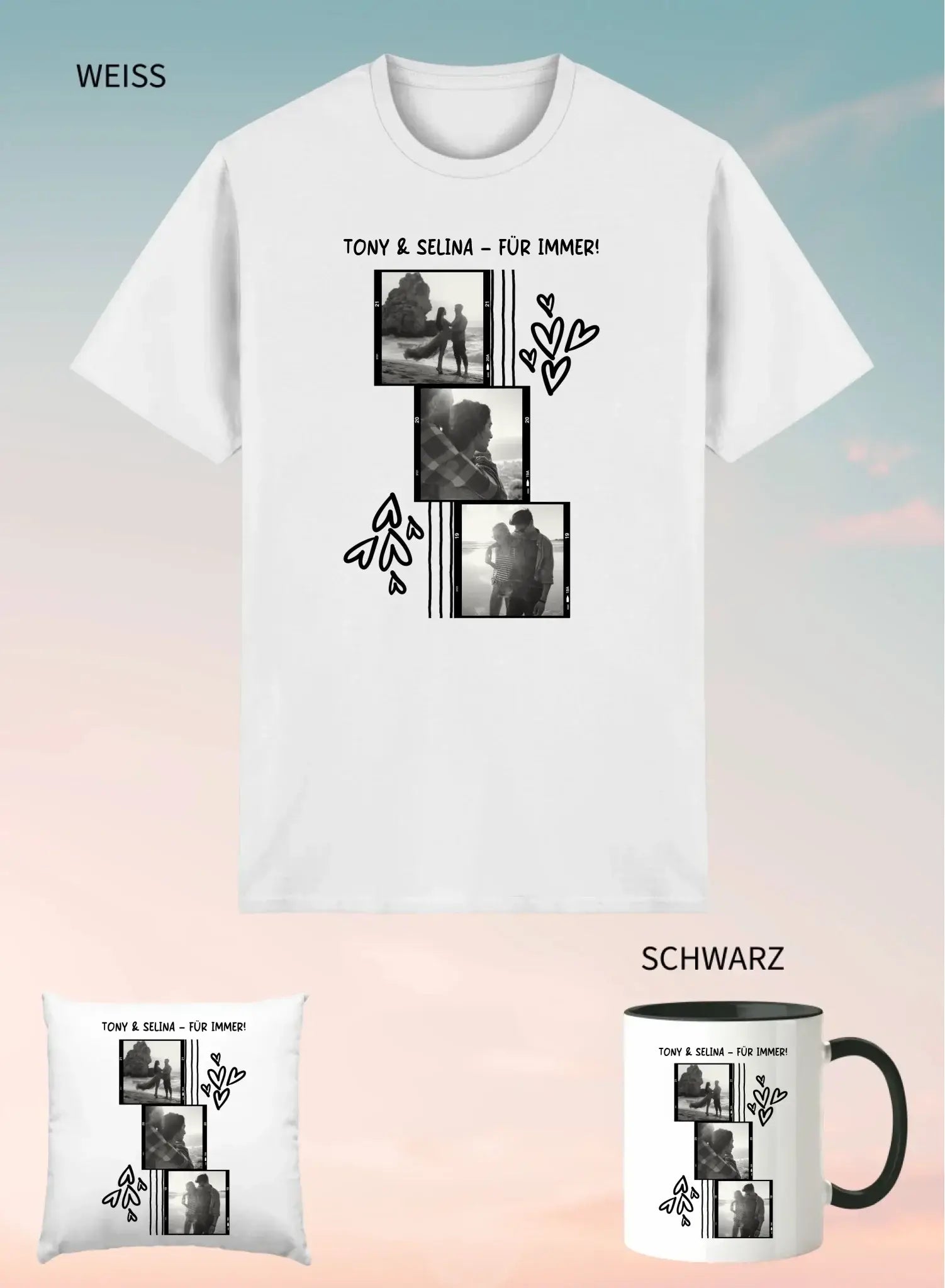 Weißes unisex baumwoll t shirt mit schwarweißem fotocollage motiv von zwei personen und herzchen personalisierbar