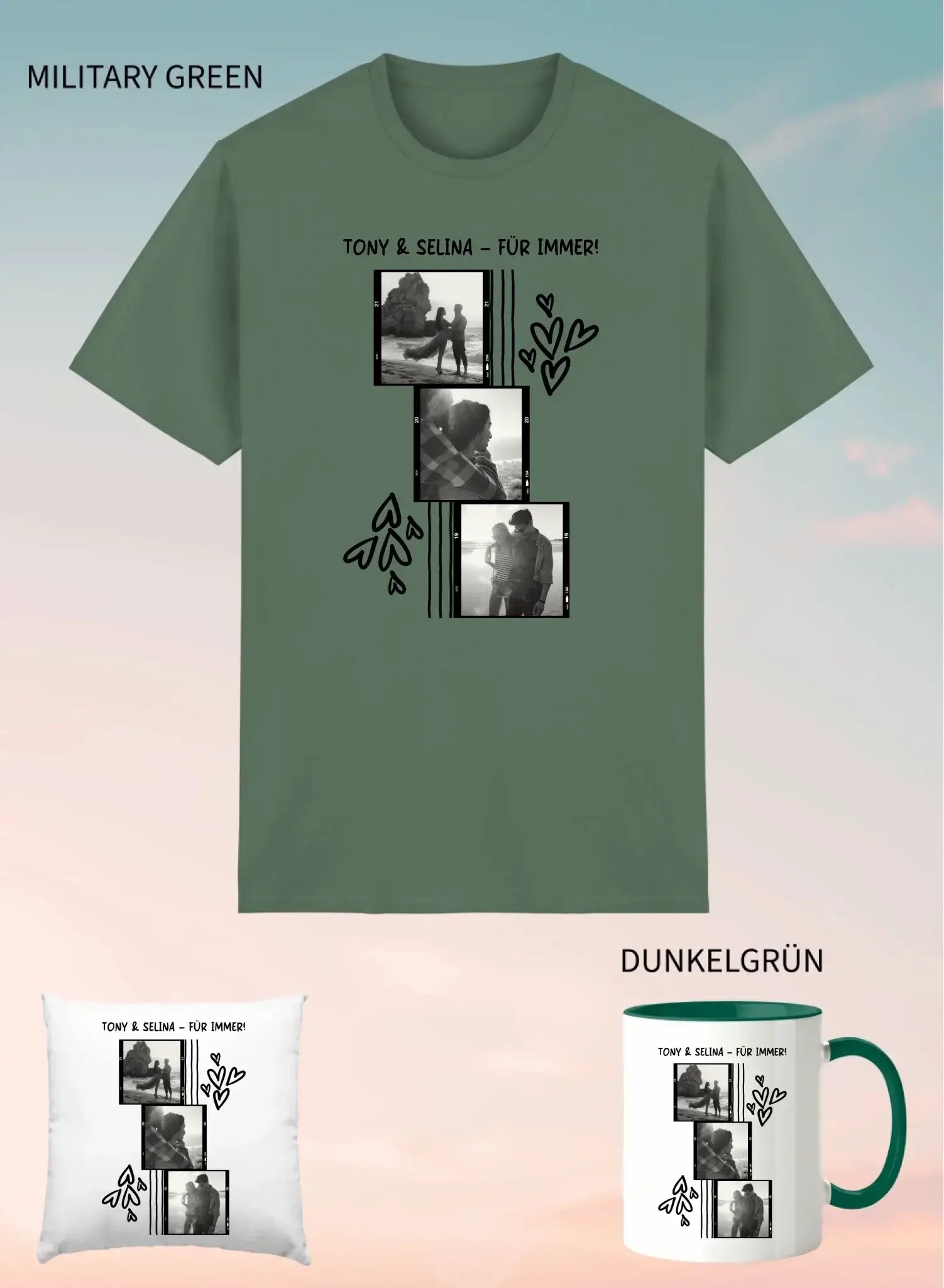 Militärgrünes unisex t shirt mit schwarz weiß fotocollage von zwei personen und text tony & selina für immer