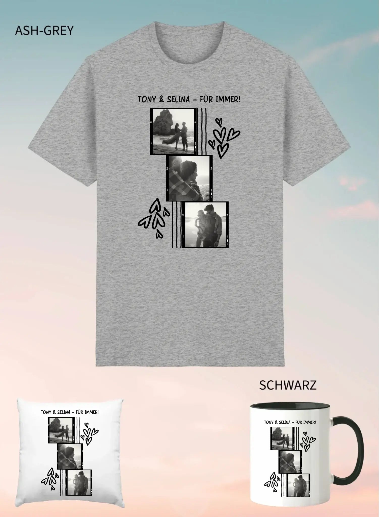 Ashgraues unisex baumwollshirt mit schwarzweiß fotocollage tony & selina für immer und herzmotiven im 3er geschenkset