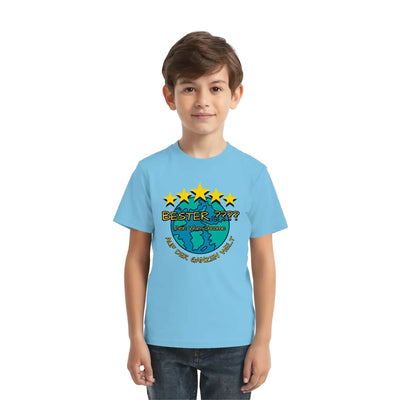 Hellblaues kurzarmshirt mit buntem globe grafikmotiv umgeben von fünf gelben sternen und deutschem text