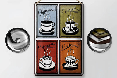 Rechteckiges blechschild 20x30cm mit vier vintage kaffeebildern auf distressed hintergrund jeweils benannt
