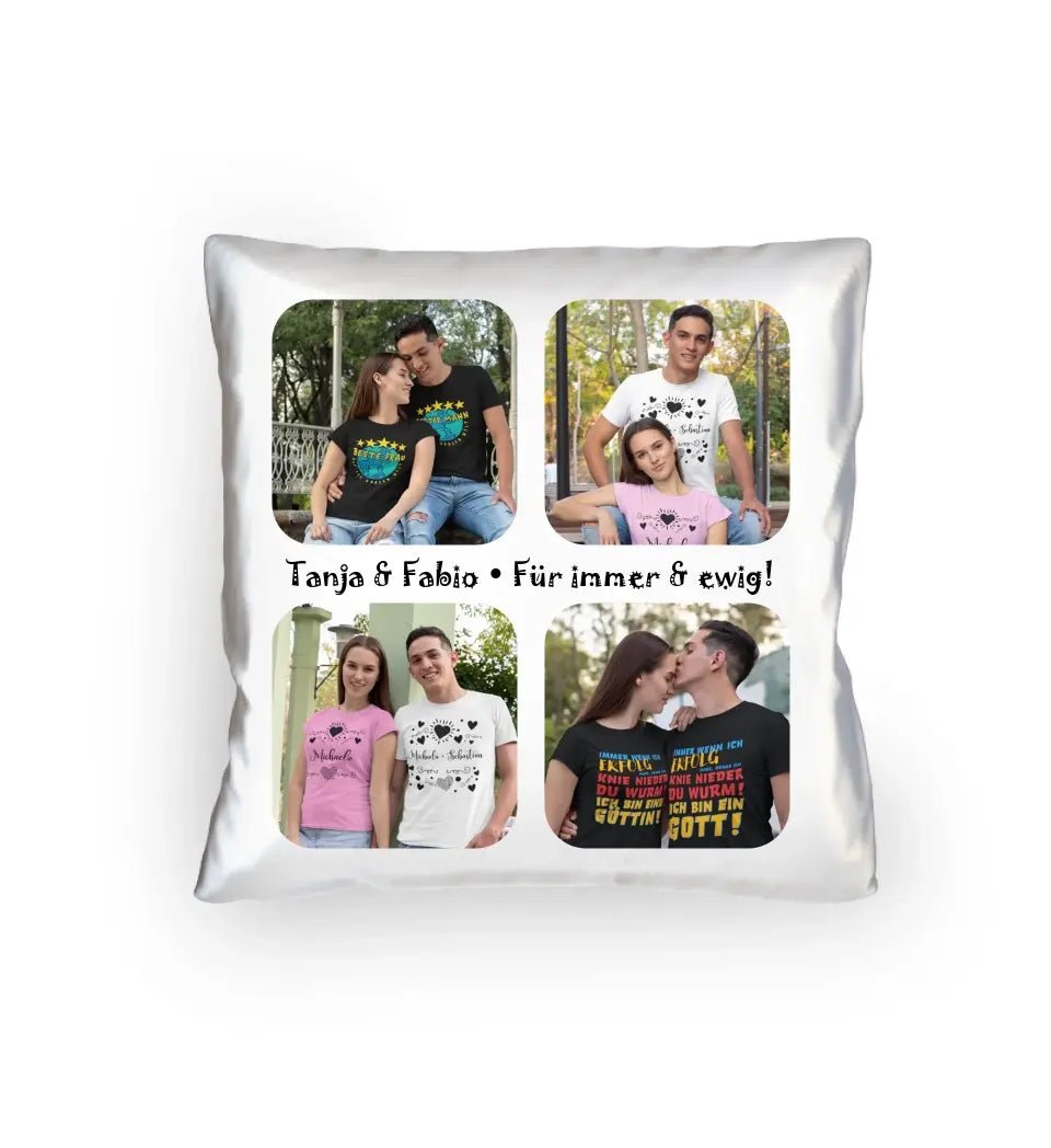 4 Fotos mit Text • Fotogeschenk • Kissen 40x40 cm • personalisiert von HalloGeschenk.de