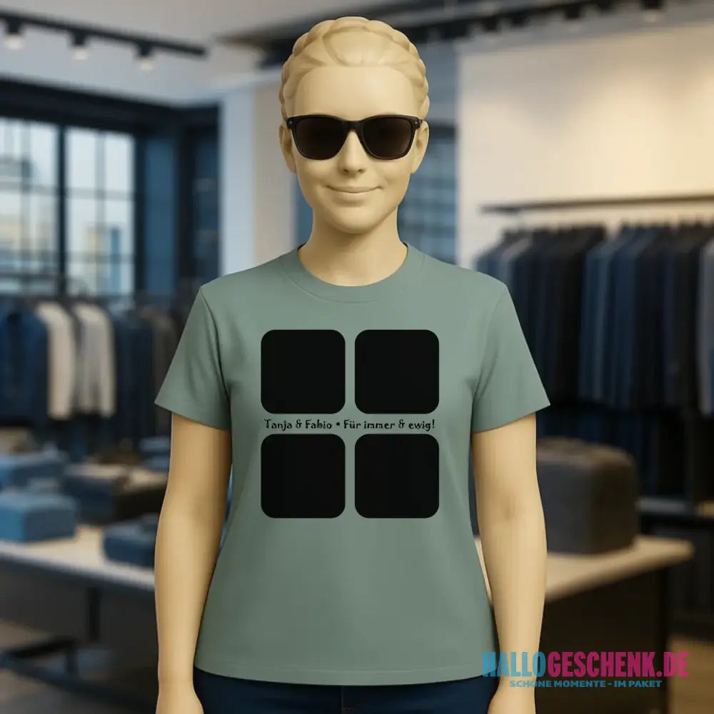 4 Fotos mit Text • Fotogeschenk • Ladies Premium T-Shirt XS-2XL aus Bio-Baumwolle für Damen • Exklusivdesign • personalisiert