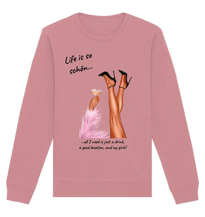 rosafarbenem ladies party-beine Sweatshirt mit long sleeves und Grafik von high heels haltend cocktail und Text life is so schön