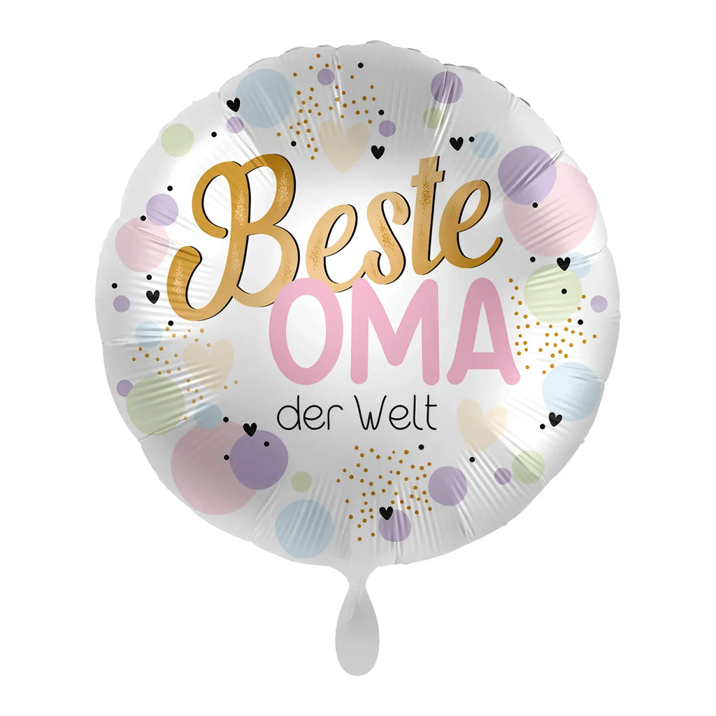 Runder weißer folie luftballon 43cm mit bester oma der welt schrift in gold und pastellfarbenen punkten