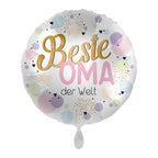 Runder weißer folie luftballon 43cm mit bester oma der welt schrift in gold und pastellfarbenen punkten