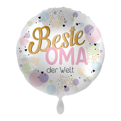 Runder weißer folie luftballon 43cm mit bester oma der welt schrift in gold und pastellfarbenen punkten