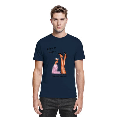 Marine blaue baumwoll t shirt mit grafik von beinen in high heels cocktail und party motto life is so cahon