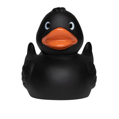 Eine sleek schwarze gummiente mit glossy finish, orange schnabel und weiße augen aus der quietsche-ente wings werbemittelreihe