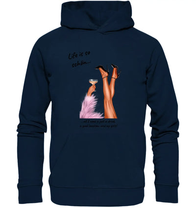 Navyblauer damenhoodie mit party-beine print high heels cocktail schwarze schrift life is so schön aus statement-collection