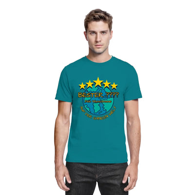 Petrolfarben baumwoll t shirt mit fünf gelben sternen über bester text und weltkugel grafik personalisierbar