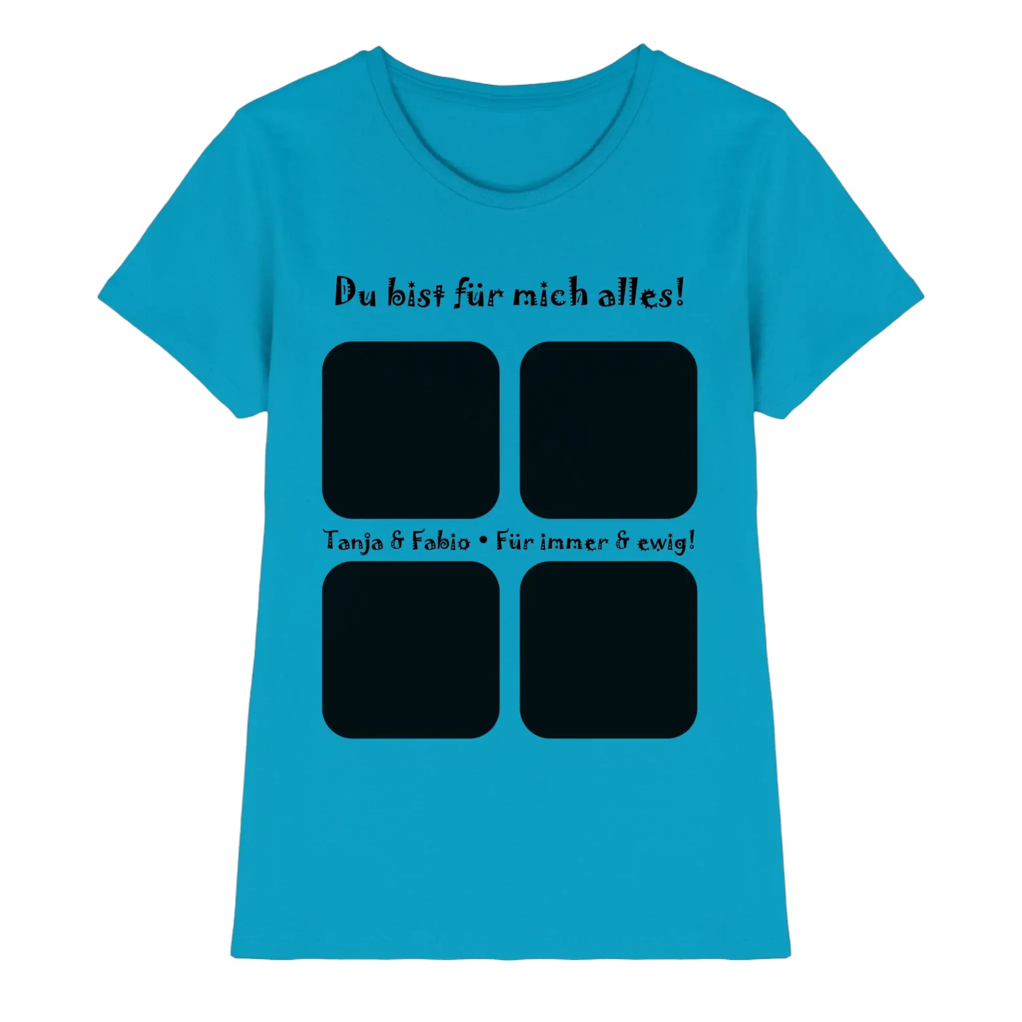 Eine lebhafte türkisfarbene damen-t-shirt mit kurzen ärmeln und schwarzer 4er-collage grafik mit deutschem text