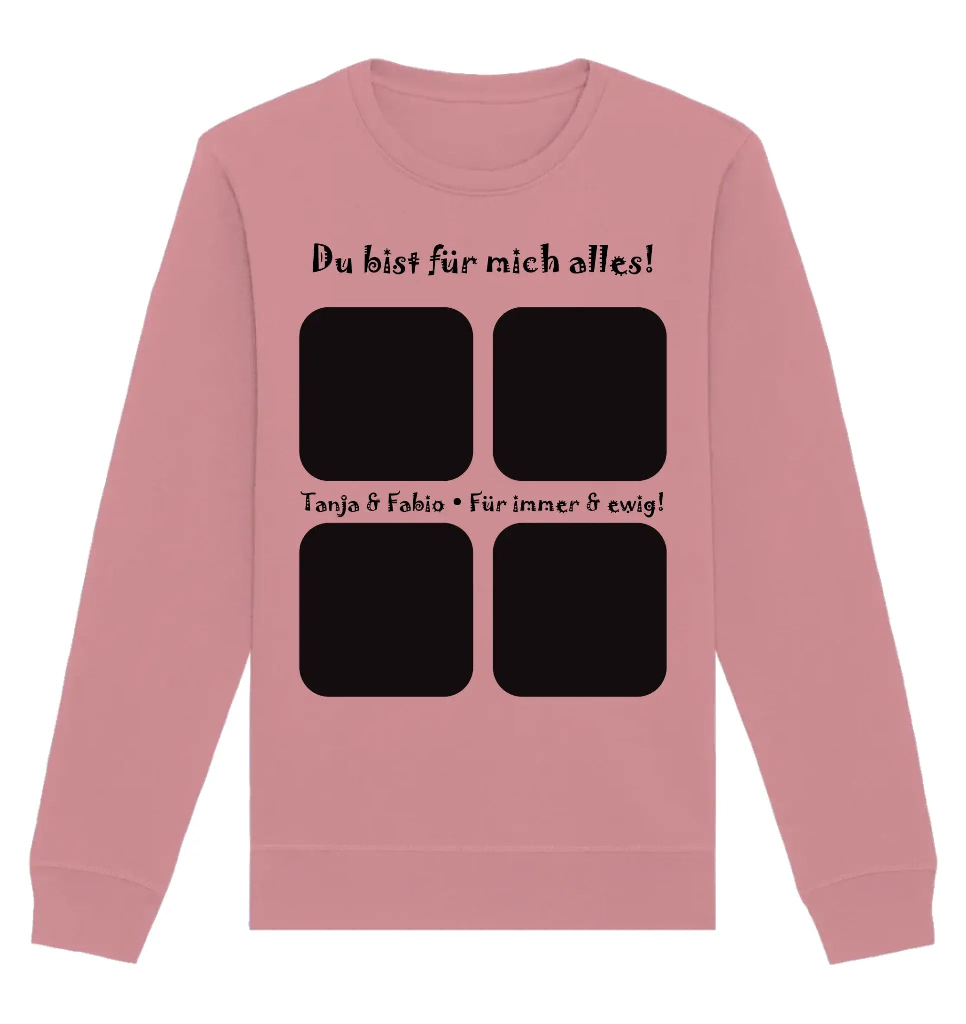 Ein weiches rosa sweatshirt mit langen ärmeln und vier schwarzen quadratischen patches aus der statement-collection