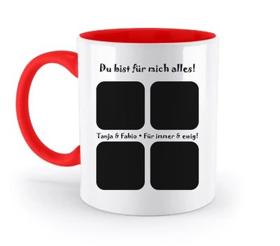 Weiße keramikmug mit rotem griff und innenbereich mit schwarzem text und vier quadratischen fotoplatzhaltern